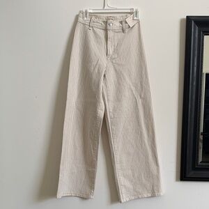 Women’s high rise, wide leg pants. Cream and Blue Striped Sailor Pants
